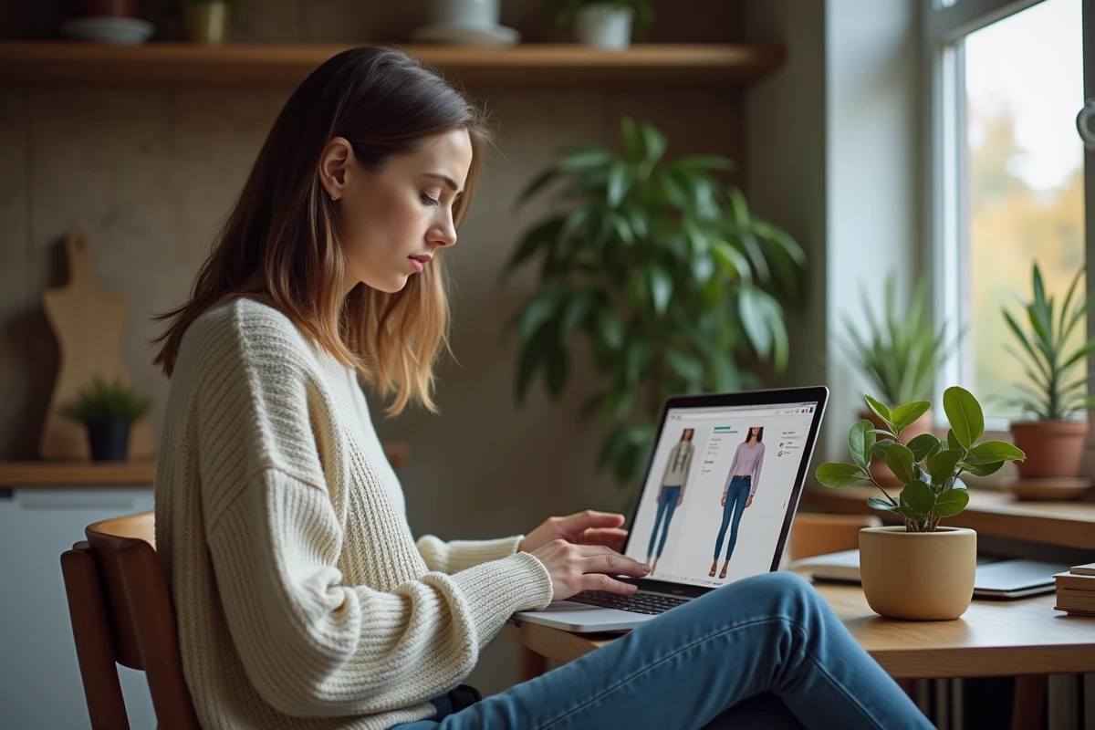 Femme studieuse regardant son inventaire de vêtements sur son ordinateur