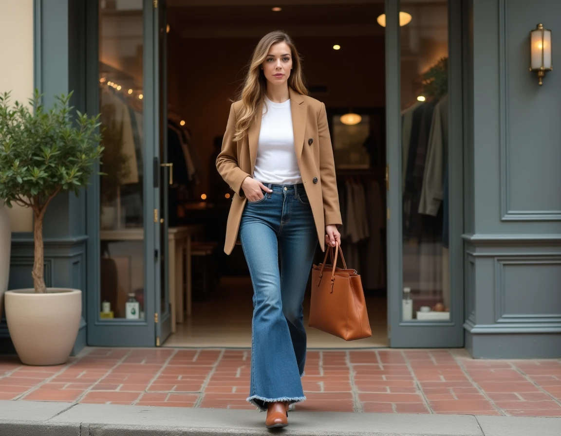 Femme en jean brut évasé et santiags cognac sortant d'une boutique parisienne contemporaine