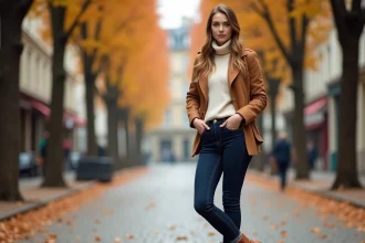 Femme portant un jean brut et des santiags en cuir camel sur un boulevard parisien en automne