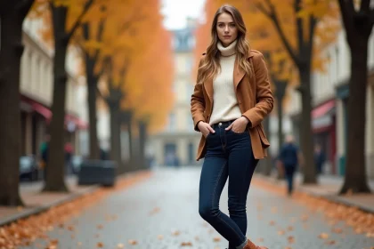 Femme portant un jean brut et des santiags en cuir camel sur un boulevard parisien en automne