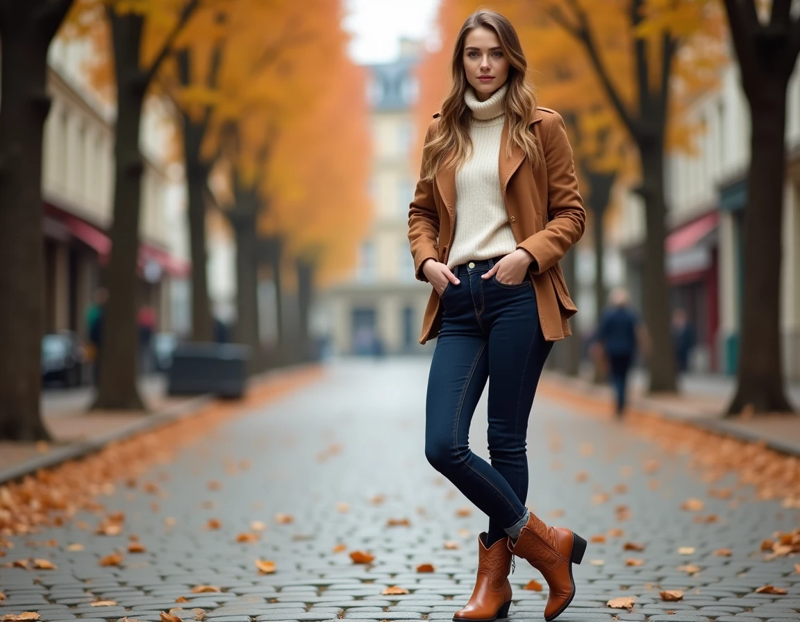 Femme portant un jean brut et des santiags en cuir camel sur un boulevard parisien en automne
