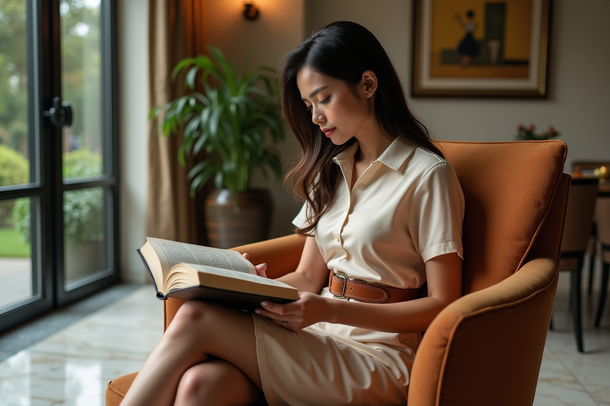 Femme confiante lisant dans un salon luxueux
