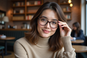 Femme portant des lunettes rondes dans un café chaleureux