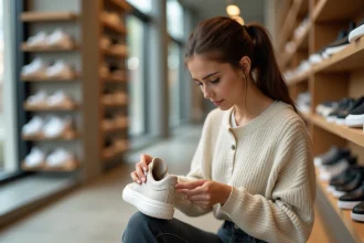 Jeune femme dans un magasin de chaussures comparant les tailles UK et françaises sur l'étiquette intérieure d'une basket