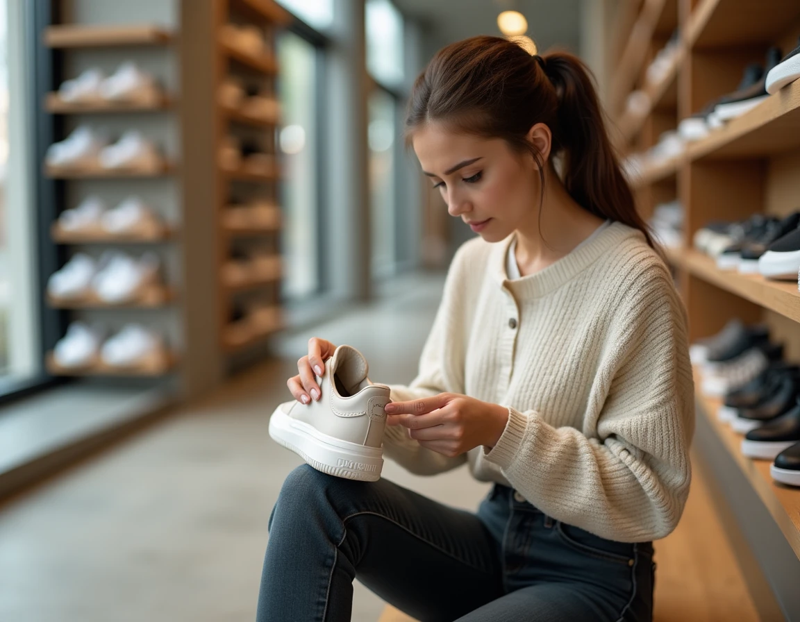 Jeune femme dans un magasin de chaussures comparant les tailles UK et françaises sur l'étiquette intérieure d'une basket
