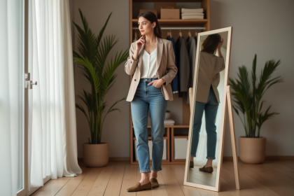Femme en blazer et jeans dans une chambre moderne
