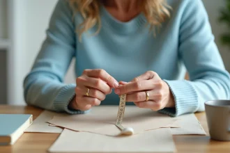 Femme mesurant une bague avec un ruban à mesurer dans un intérieur lumineux
