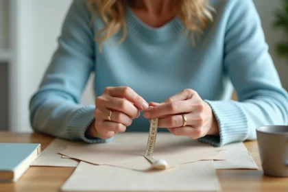 Femme mesurant une bague avec un ruban &agrave; mesurer dans un int&eacute;rieur lumineux