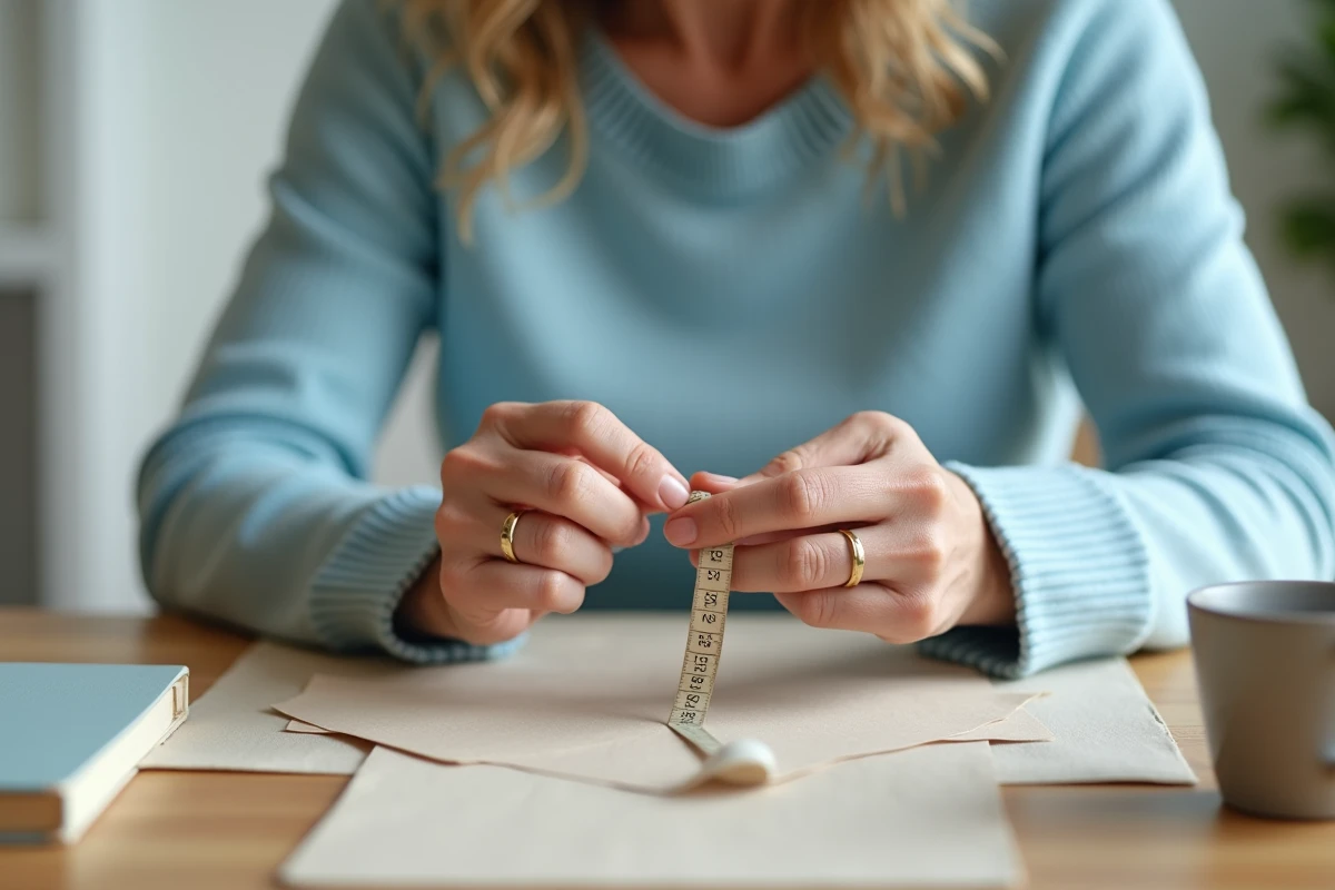 Femme mesurant une bague avec un ruban à mesurer dans un intérieur lumineux