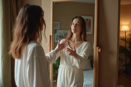 Femme se regardant dans un miroir dans une chambre chaleureuse