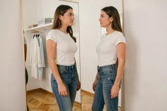 Femme en jean taille haute devant un miroir en pied analysant sa morphologie dans un dressing minimaliste