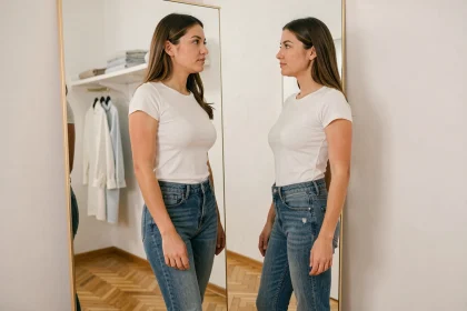 Femme en jean taille haute devant un miroir en pied analysant sa morphologie dans un dressing minimaliste