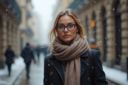 Femme élégante en manteau d'hiver et foulard dans la ville