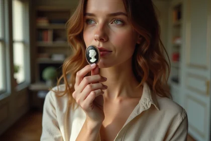 Femme moderne tenant une bague camée vintage et la contemplant avec attention dans un appartement parisien