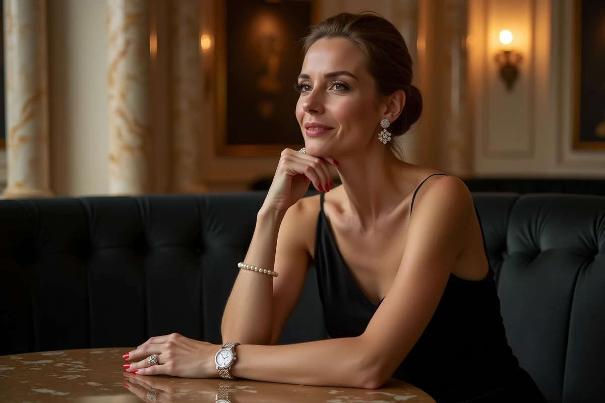 Femme élégante en robe de soirée portant une montre haute horlogerie ornée de diamants dans un palace parisien