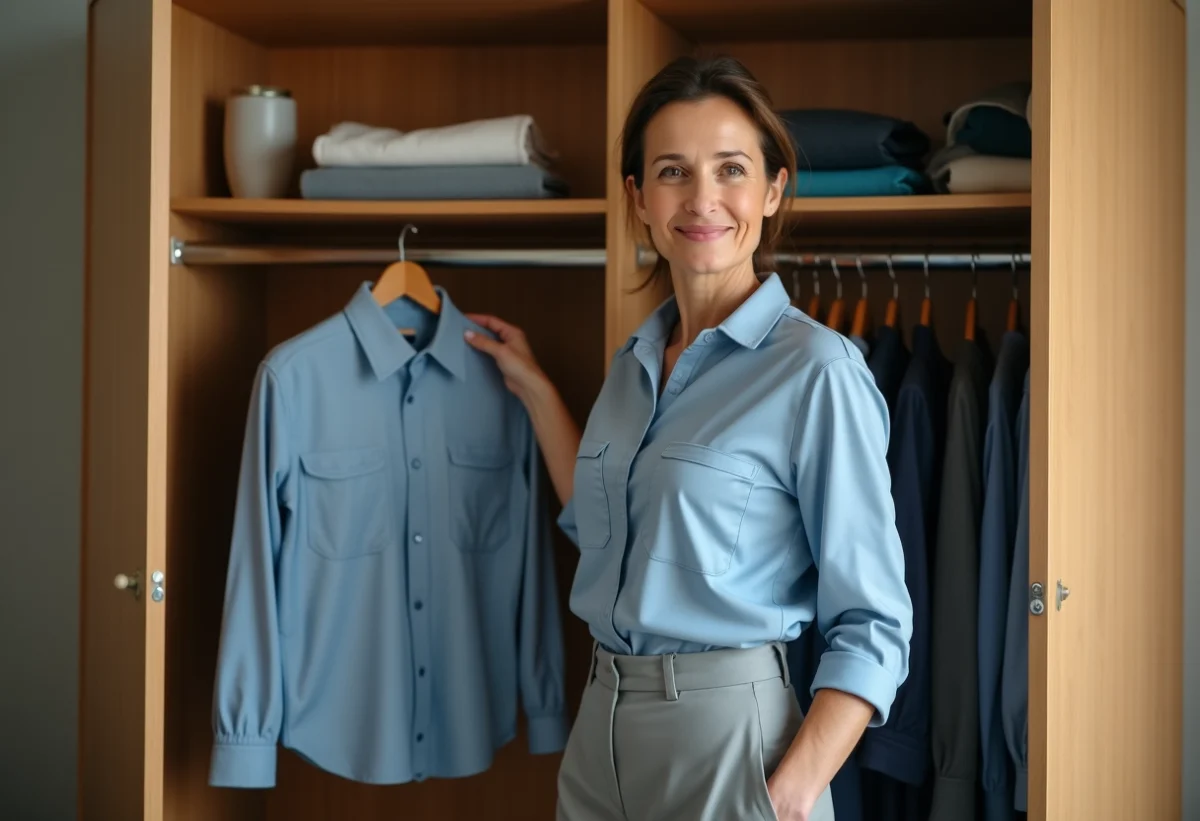 Femme en uniforme organisée dans sa chambre