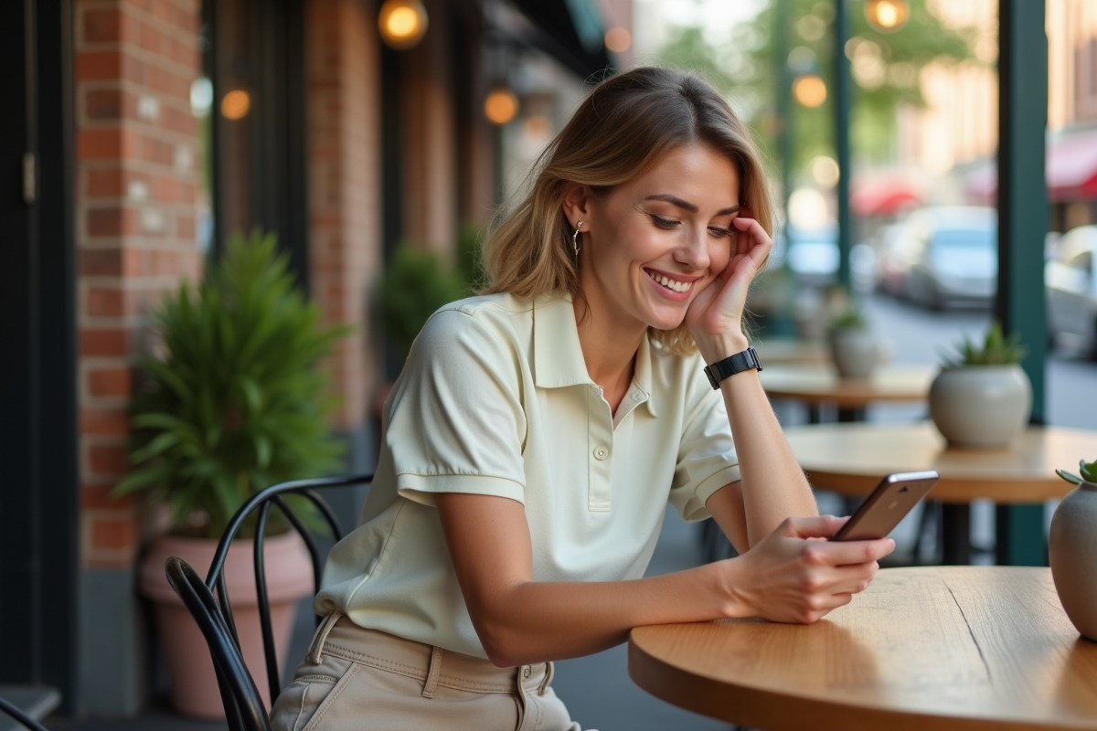 Femme en polo assise au café en terrasse