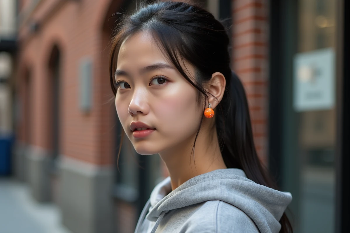 Jeune femme portant des boucles d'oreilles Dragon Ball boule étoilée orange, portrait trois quarts en ville
