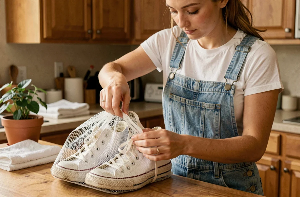Femme glissant des sneakers Converse dans un filet de lavage avant de les mettre en machine pour éviter la décoloration