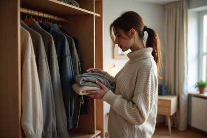 Femme regardant son armoire avec un pull plié dans une chambre chaleureuse