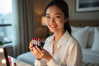 Femme &eacute;l&eacute;gante choisissant rouge &agrave; l&egrave;vres dans son appartement