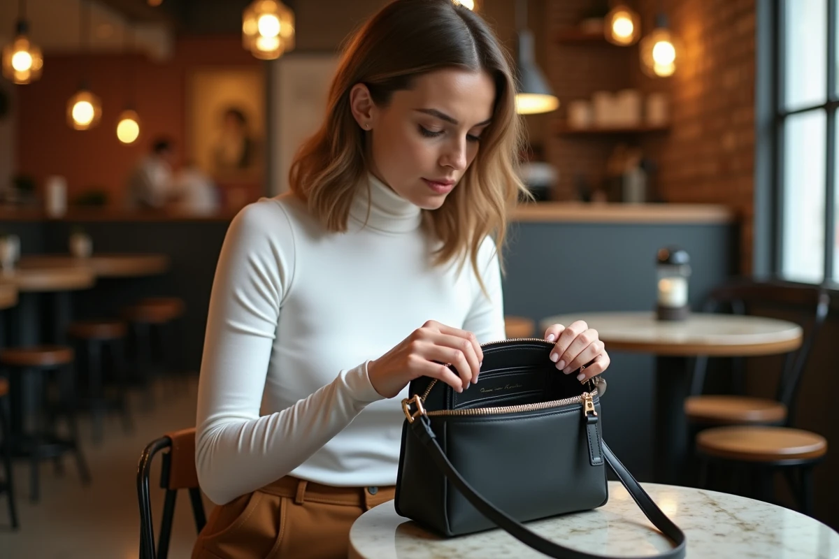 Femme organisée dans un café parisien avec un sac bandoulière noir minimaliste tendance 2026