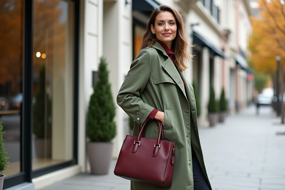 Femme élégante devant une boutique tendance tenant un sac à main en cuir bordeaux à poignée rigide mode 2026