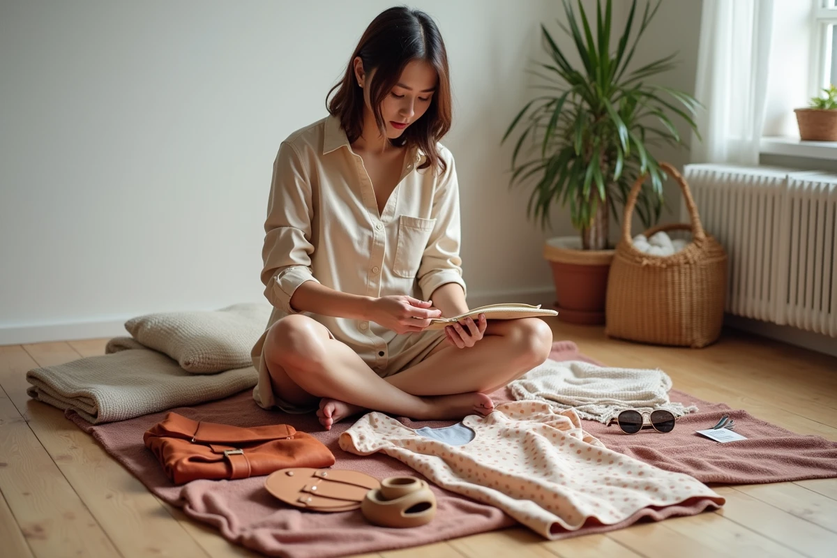 Femme assise au sol entourée de vêtements vintage soigneusement sélectionnés dans un appartement minimaliste