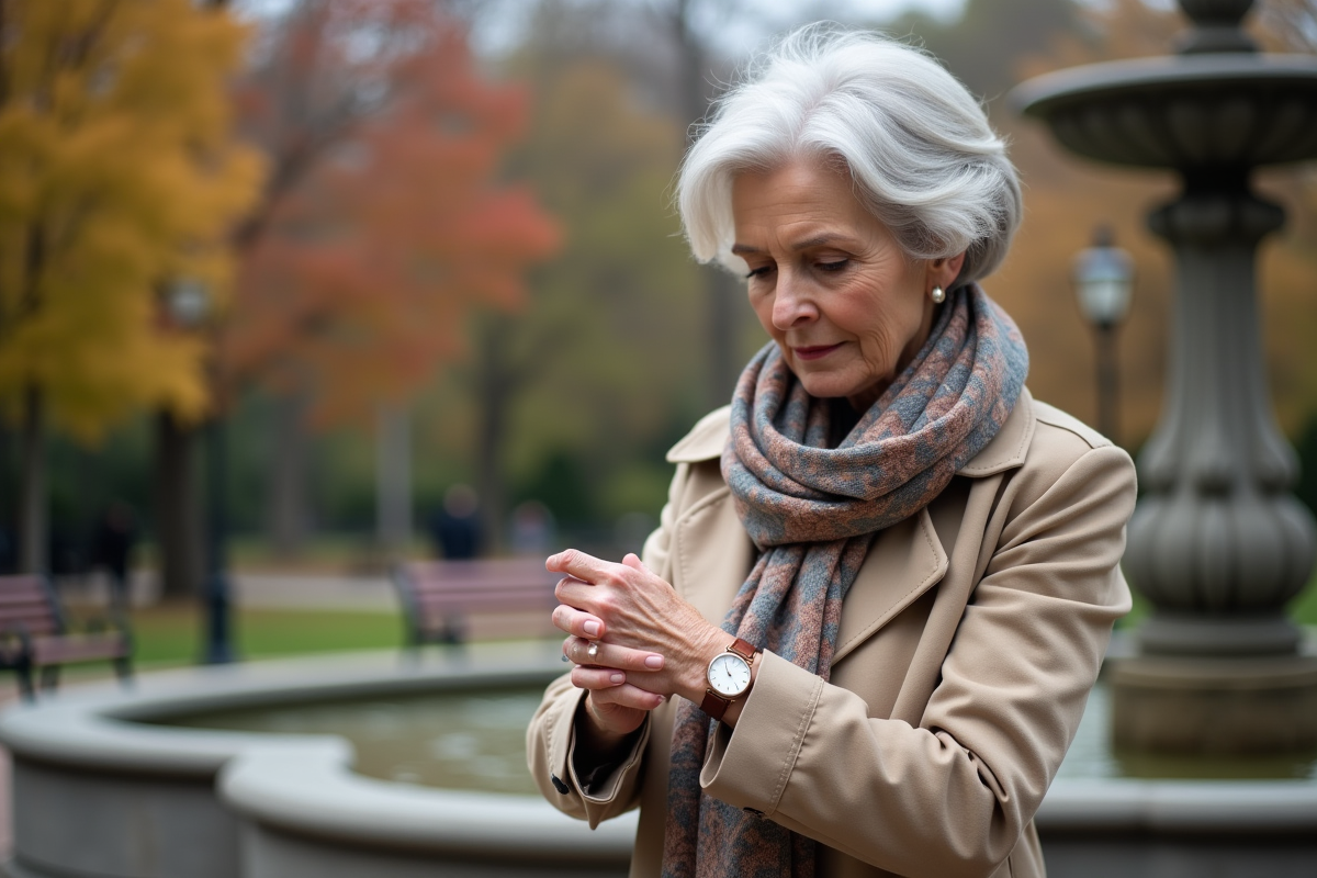 Femme senior inspectant sa montre dans un parc urbain