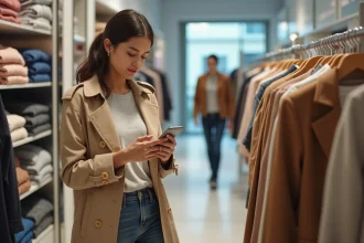 Femme en trench et jeans vérifiant sa liste de courses