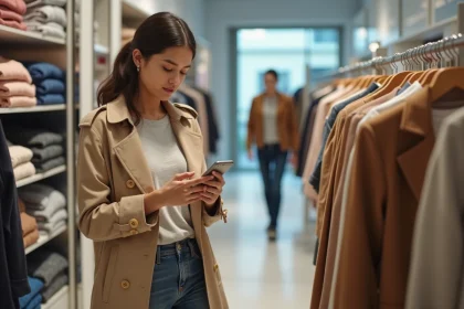 Femme en trench et jeans vérifiant sa liste de courses