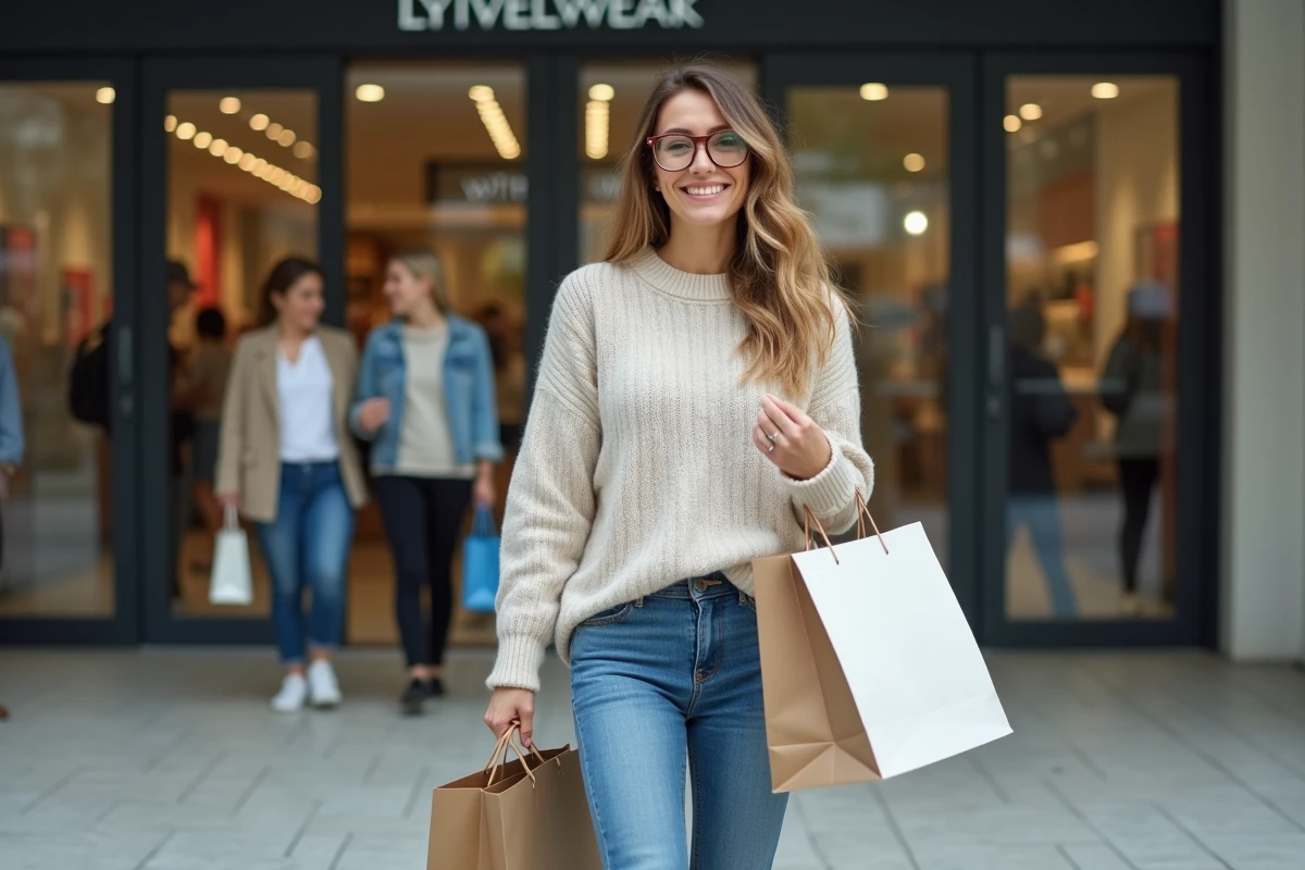 Femme souriante avec sacs de shopping devant Macarthur Miramas