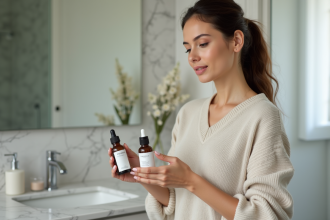 Femme comparant deux bouteilles de soins visage dans sa main