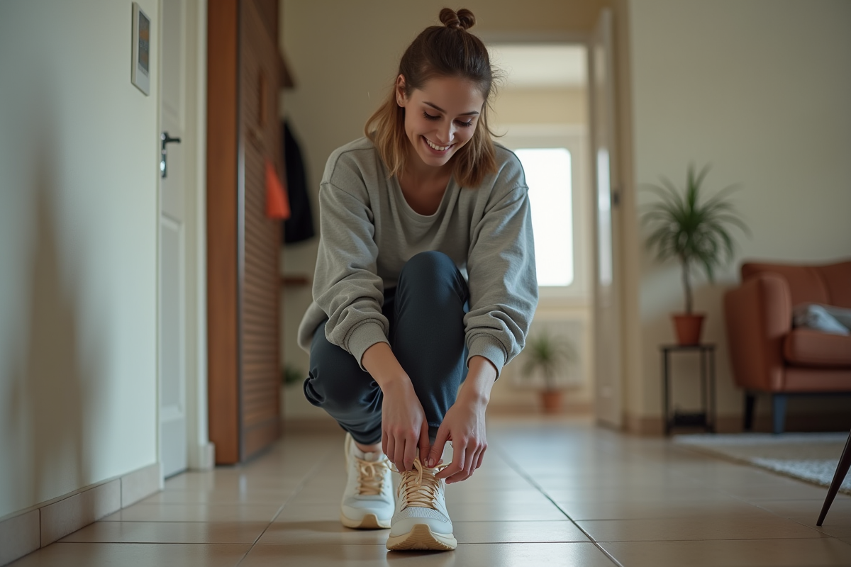 Jeune femme en sport et baskets dans un intérieur moderne