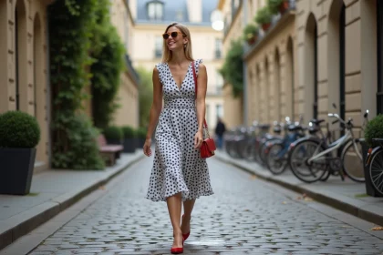 Femme élégante en robe à pois dans une rue parisienne