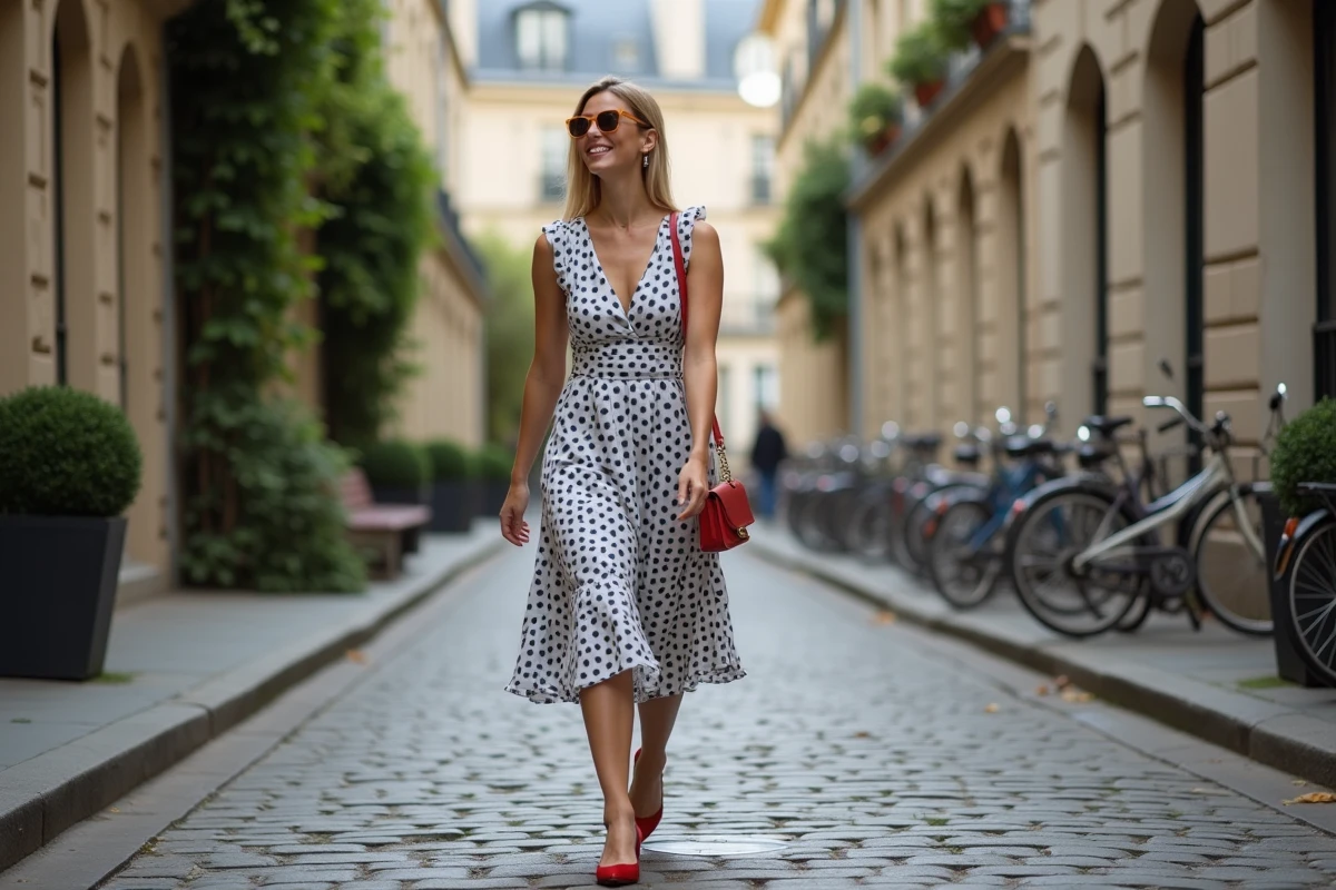Femme élégante en robe à pois dans une rue parisienne
