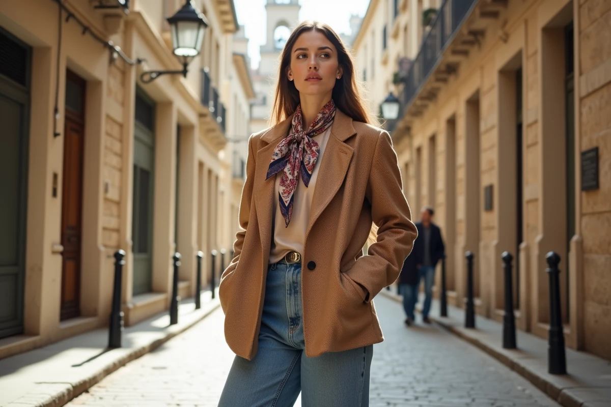 Jeune femme en tenue vintage années 80 avec blazer camel et foulard en soie dans une rue pavée européenne