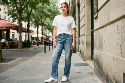Femme en tenue casual portant un jean droit et un t-shirt blanc dans une rue urbaine, style mode décontractée