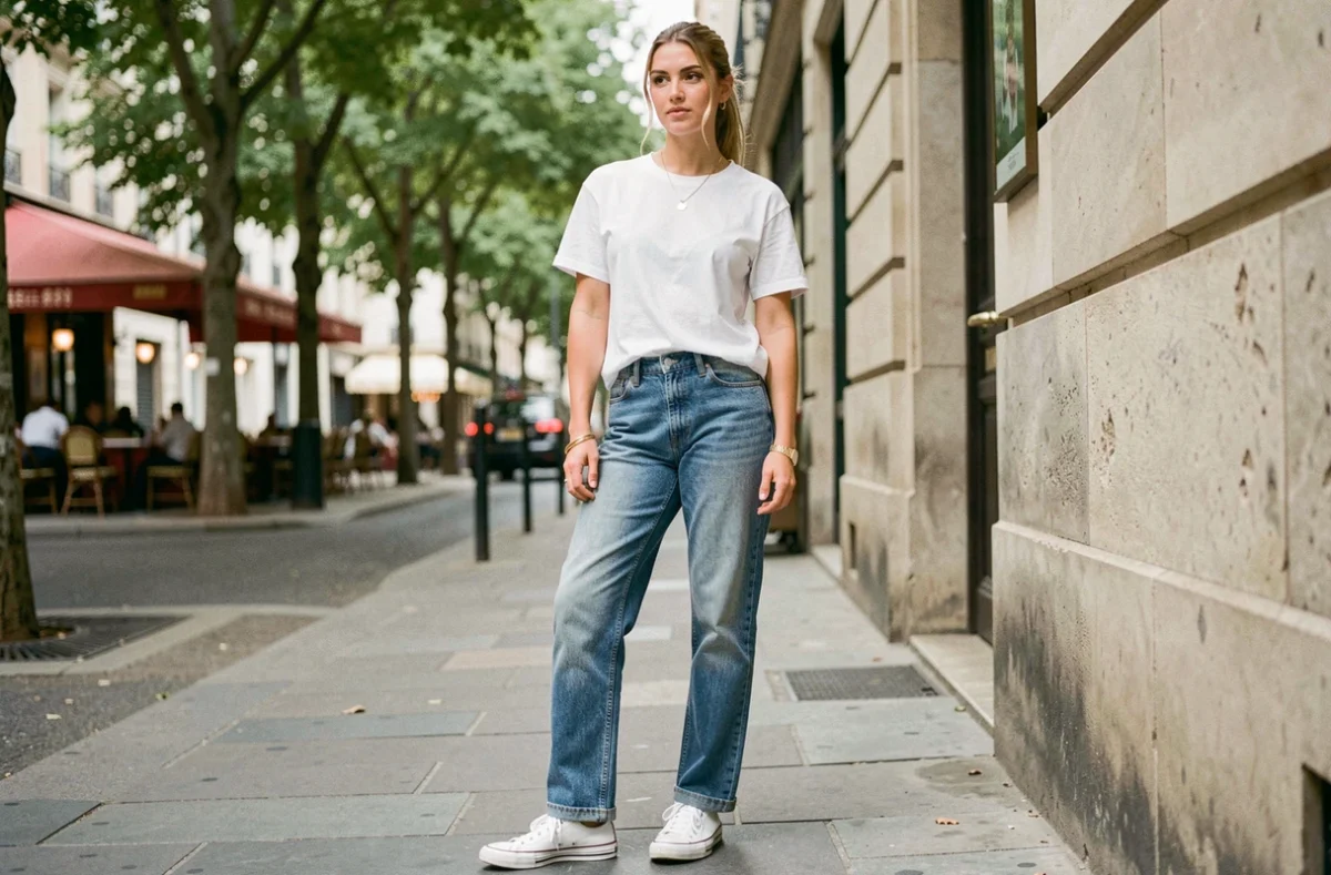Femme en tenue casual portant un jean droit et un t-shirt blanc dans une rue urbaine, style mode décontractée