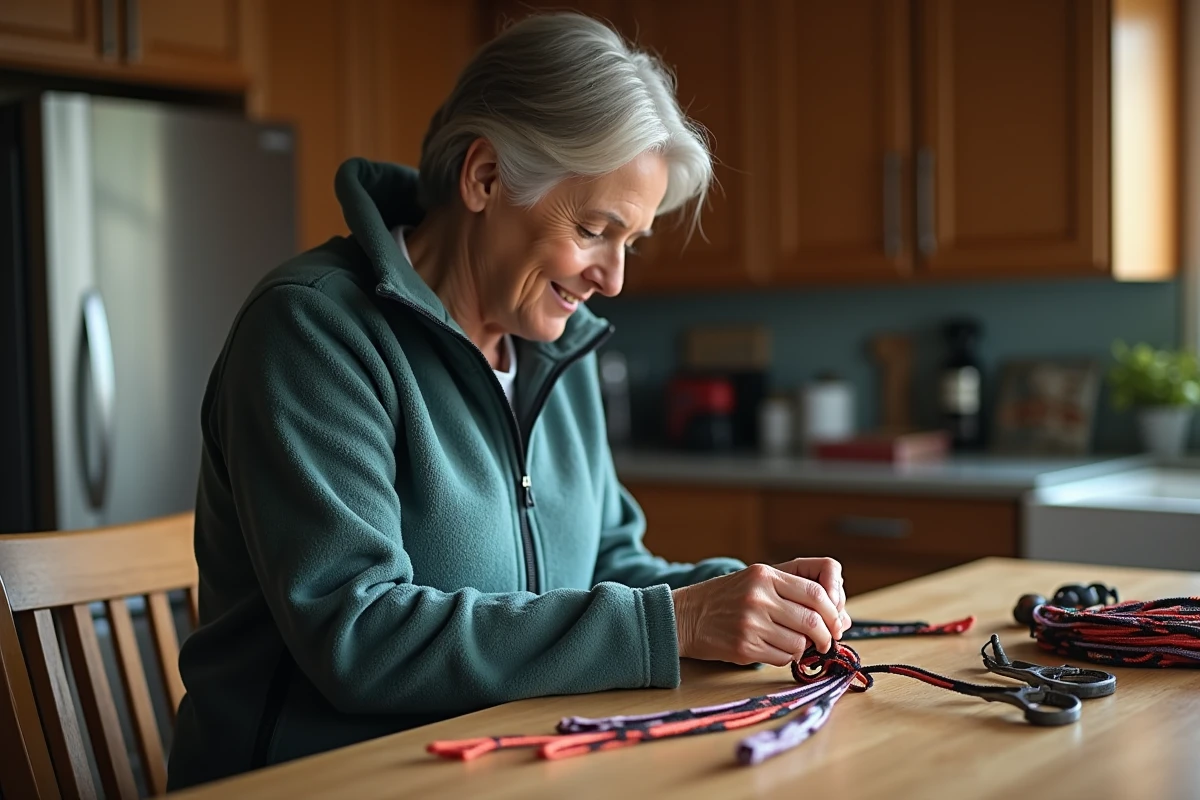 Femme faisant un bracelet en paracord à la maison dans la cuisine