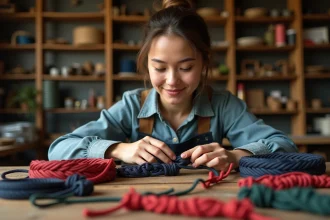 Femme tressant un bracelet en paracord coloré dans un atelier artisanal en bois