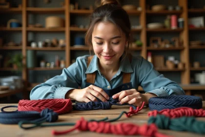 Femme tressant un bracelet en paracord coloré dans un atelier artisanal en bois