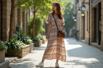 Femme en robe maxi boh&egrave;me dans une rue urbaine