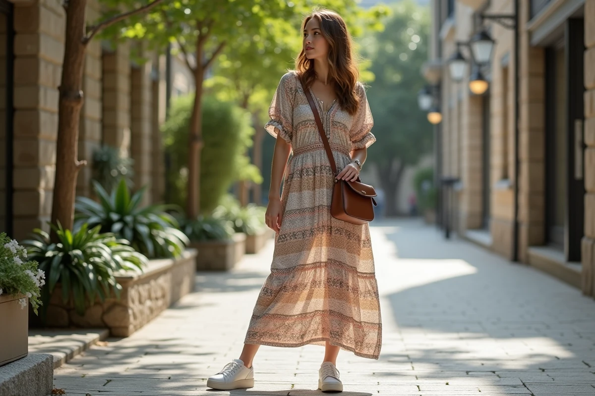 Femme en robe maxi bohème dans une rue urbaine