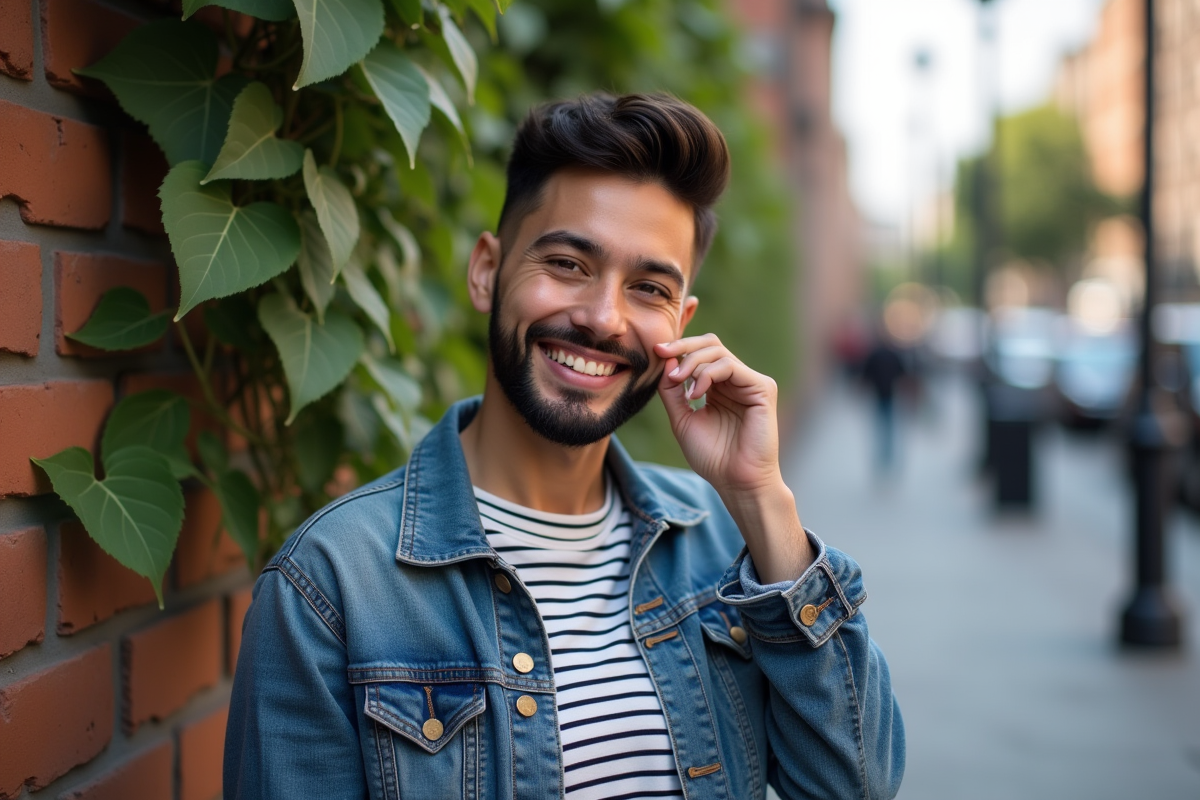Femme souriante avec veste en denim près d’un mur de briques