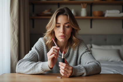 Femme en pull gris tenant un rouge à lèvres sec dans un cadre cosy