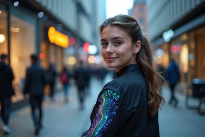 Jeune femme portant une veste lumineuse connect&eacute;e en ville