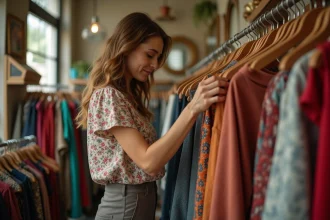 Femme trentenaire en blouse fleurie vintage parcourant des vêtements d'occasion dans une boutique de fripe authentique