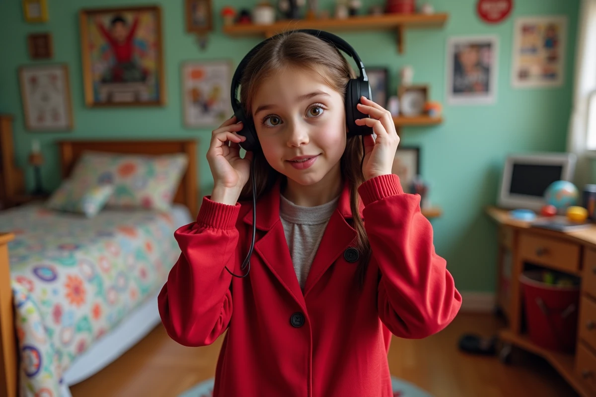 Jeune fille en costume de Clover dans une chambre décorée