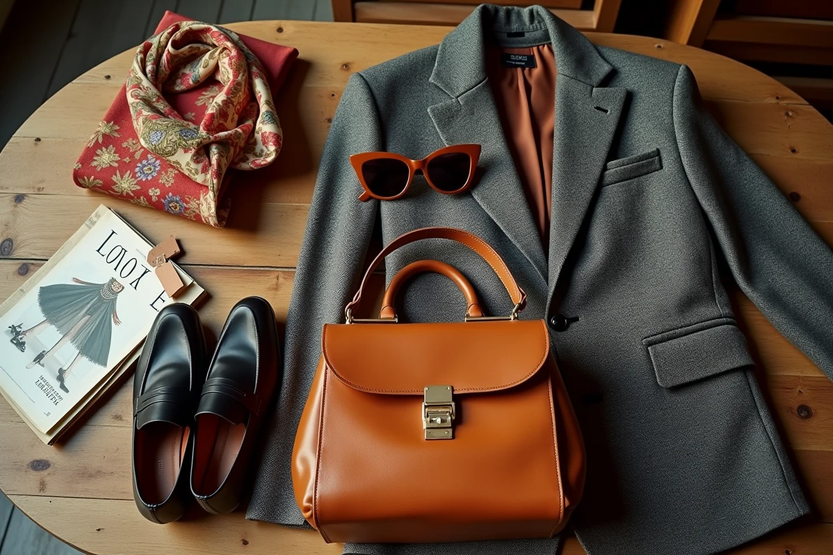 Flat lay vintage chic avec sac en cuir, foulard en soie, lunettes rétro et veste en tweed sur table en chêne dans une friperie